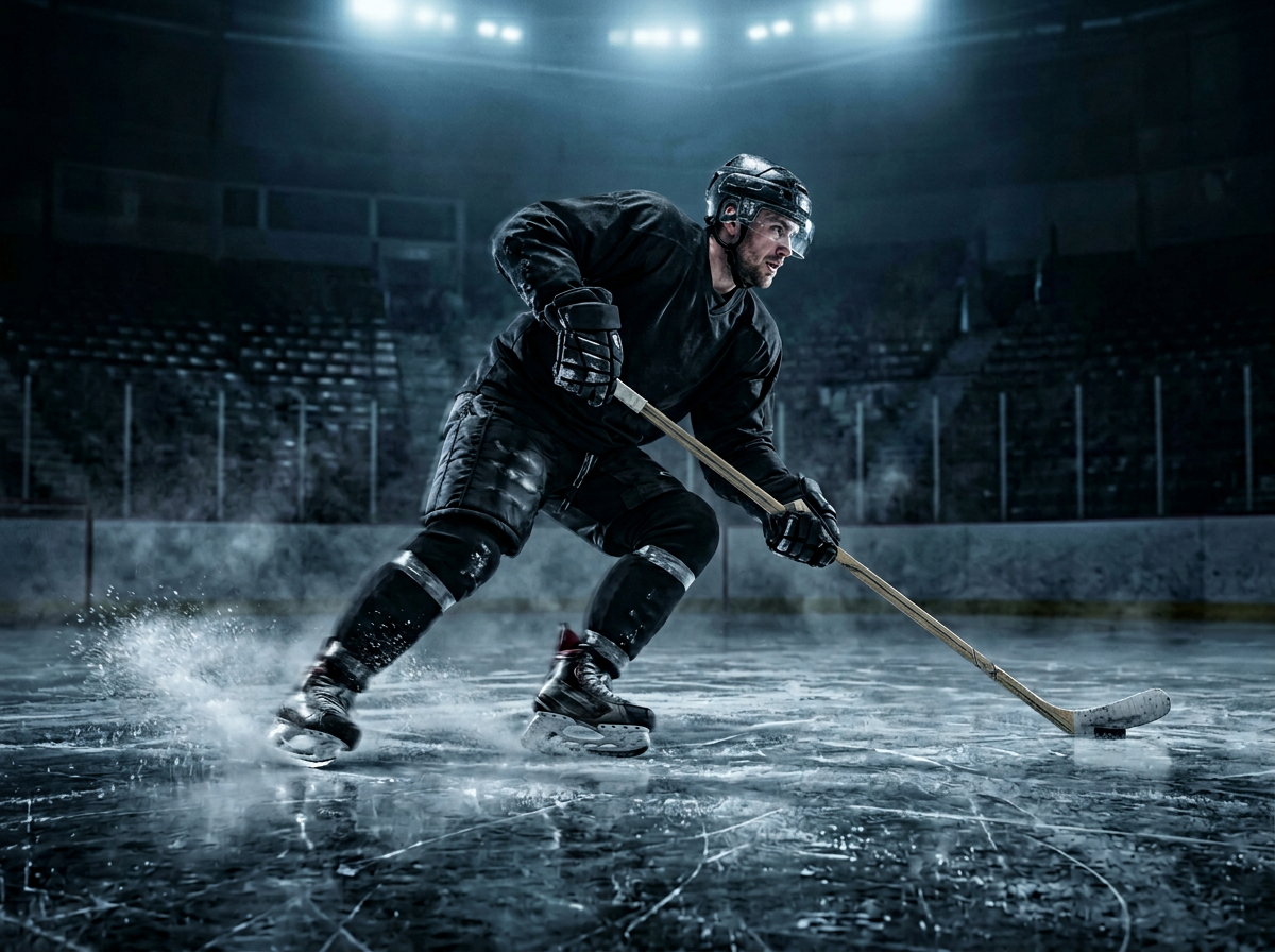 Hockey player carrying the puck up ice
