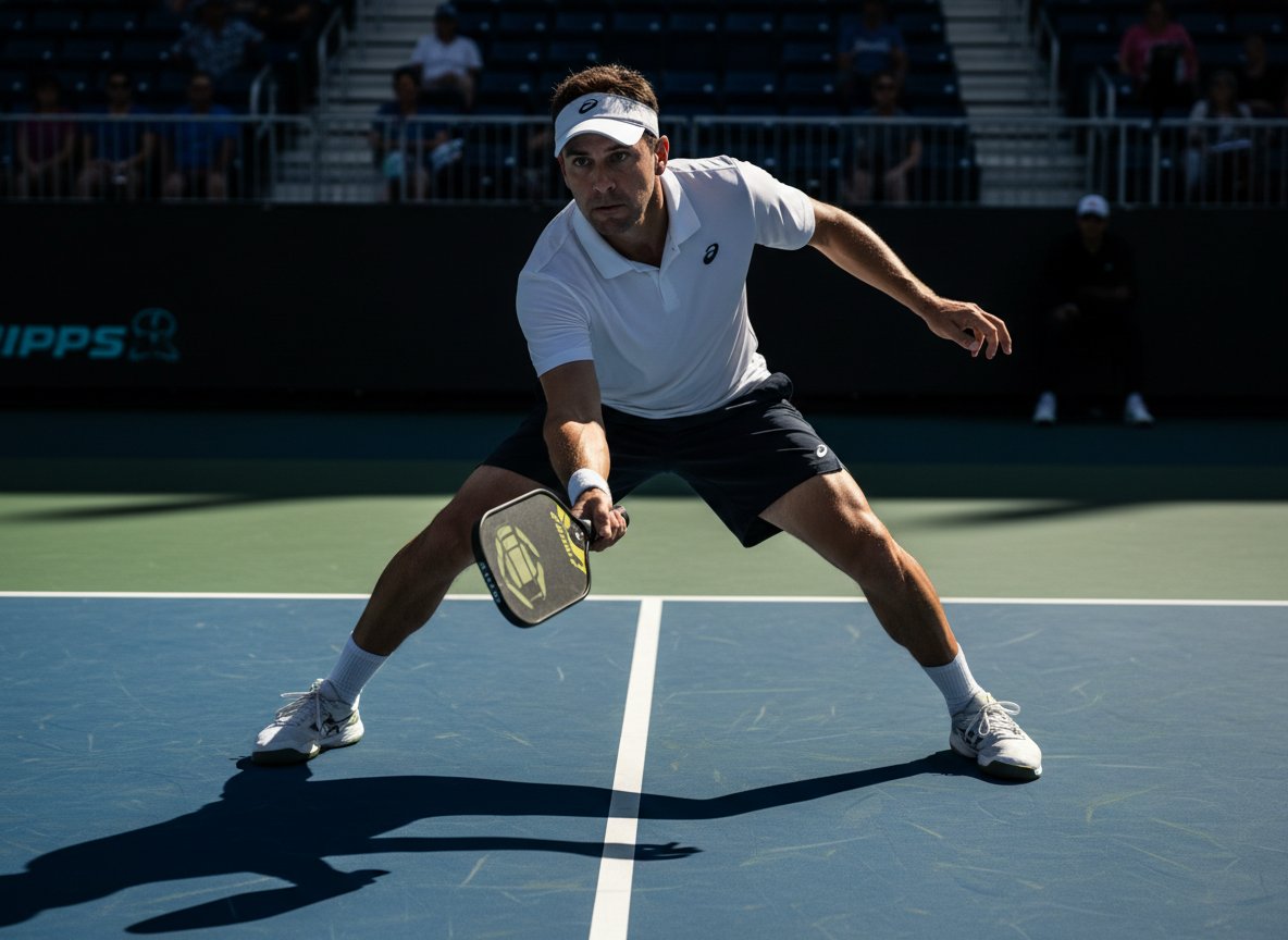 Pickleball paddle and ball at the kitchen line