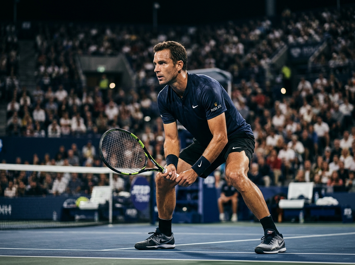 Tennis player mid-rally on court